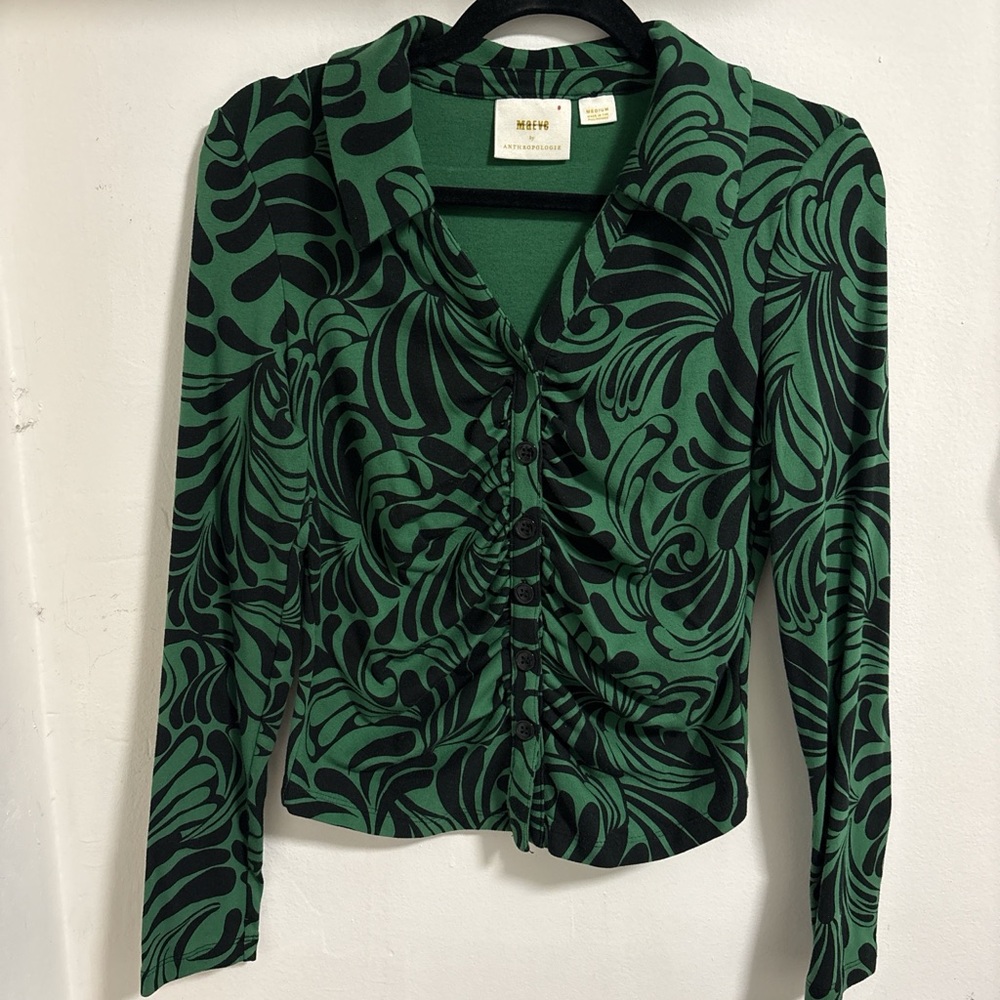 Anthropologie Maeve green and black floral long sleeve top whimsigoth groovy